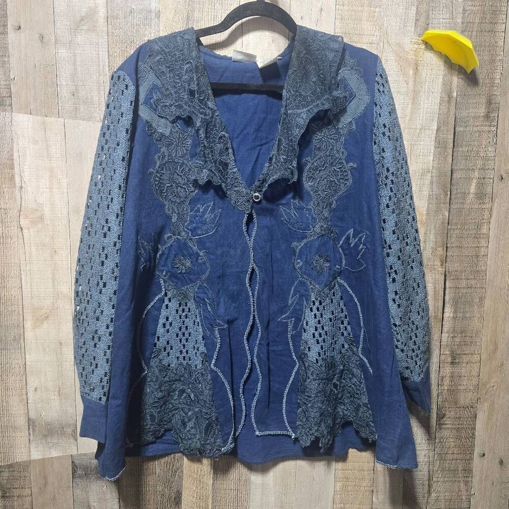 Newport News Vintage Blue Appliqué Crochet Lace Denim Womens 14 Boho Country